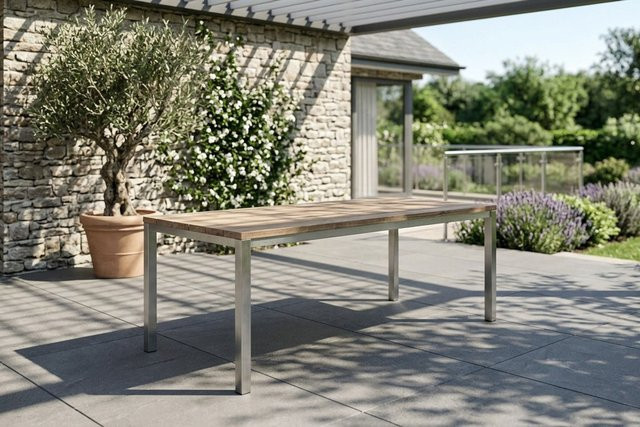 OUTFLEXX Esstisch aus Edelstahl und recyceltem Teakholz in Silber/Braun, B/T/H: 180 x 90 x 76 cm - Bild 1