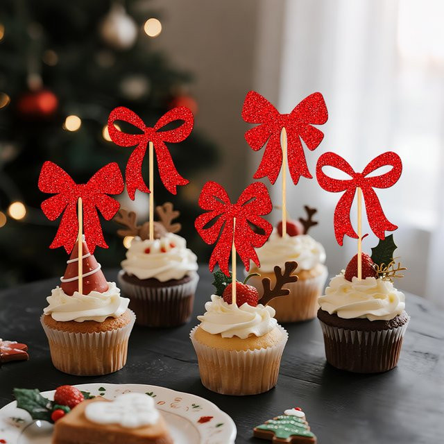 YOMDID 24 Stück Cupcake-Topper mit roten Schleifen als Weihnachts-Kuchendekoration und Partyzubehör - Bild 1