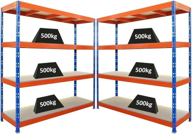 PROREGAL Rhino Profi Schwerlastregal Set aus 2 Stück, Blau-Orange, 4 Spanplatten-Ebenen, Fachlast 500kg, B/T/H: 200 x 60 x 200 cm - Bild 1