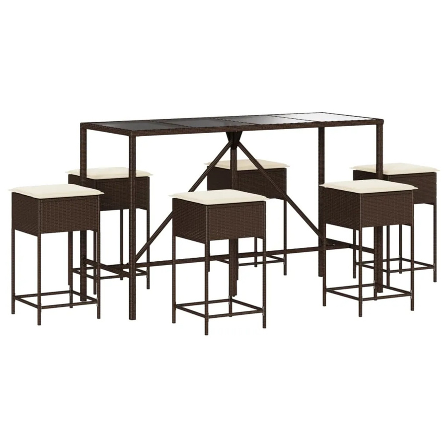 vidaXL 7-tlg Gartenbar-Set aus braunem PE-Rattan mit Kissen und Hartglas-Tischplatte - Bild 2