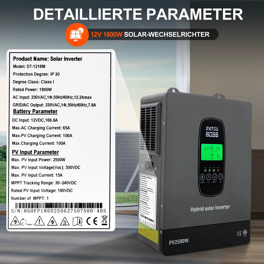 DATOUBOSS 12V 1800W Hybrid-Solarwechselrichter mit integriertem MPPT-Laderegler für Solaranlagen im Haushalt - Bild 2