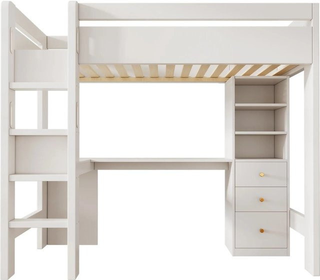 Merax Hochbett für Kinder mit Schreibtisch, Regal, Schubladen und USB-Ladeport, Weiß, B/T/H: 200 x 90 x 175 cm - Bild 1