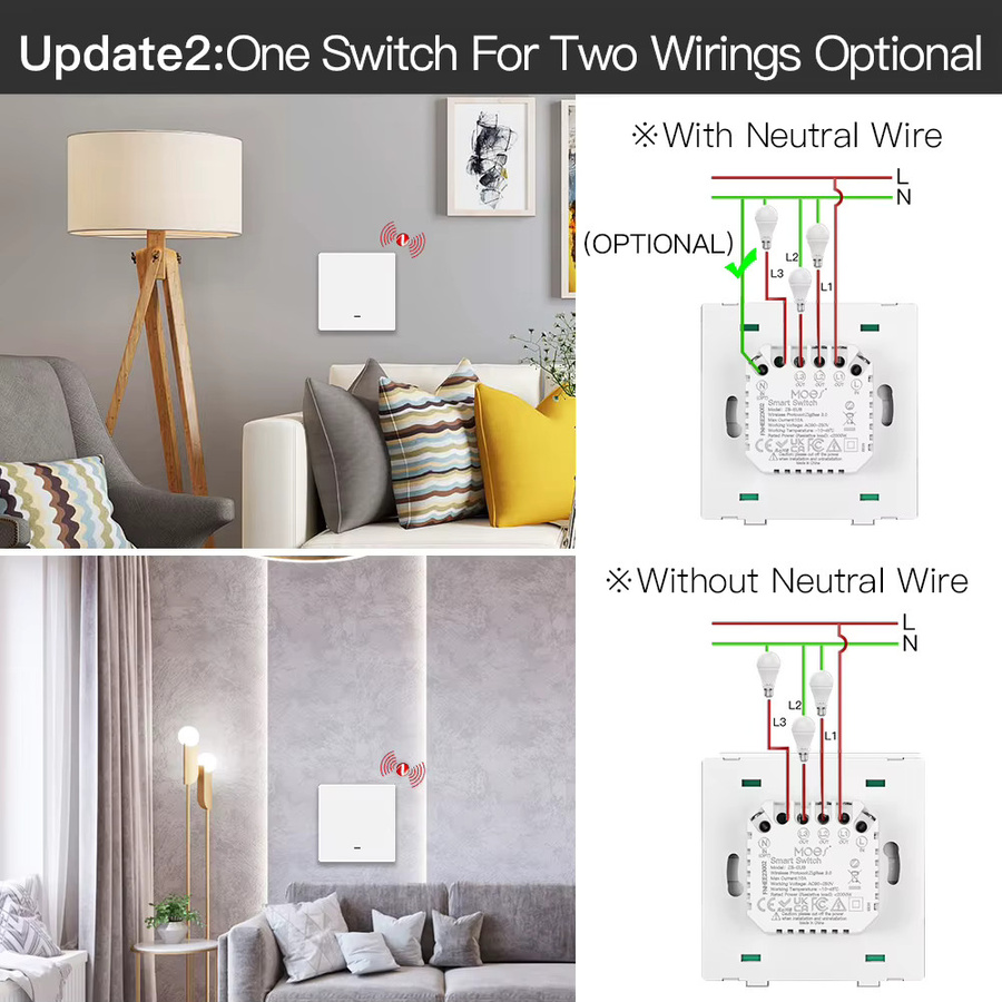 MOES Tuya ZigBee Smart Lichtschalter ohne Neutralleiter, kompatibel mit Alexa und Google Home, in Weiß oder Grau - Bild 2