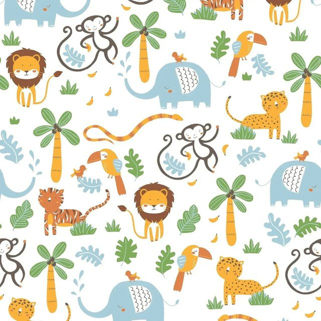 Profhome Kinder Tapete Dschungel mit Tiermotiven in Weiß, Gelb und Grün, Matt, Non-Woven, Breite: 0,53 m, Länge: 10,05 m - Bild 1