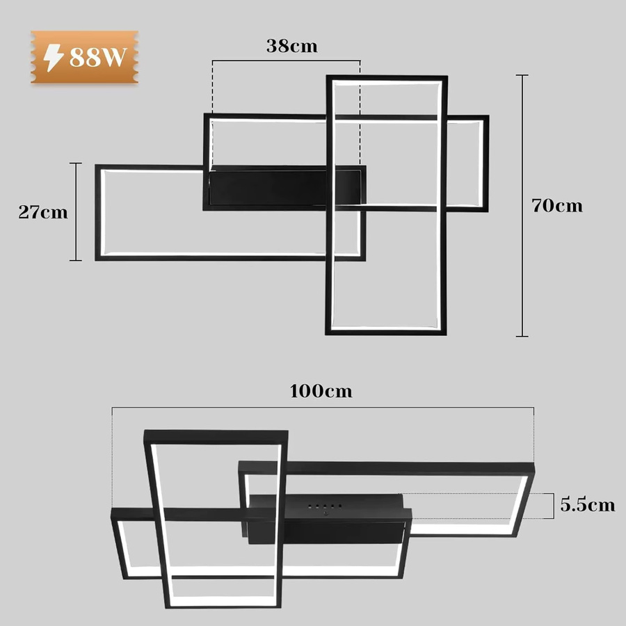 Cliheet LED-Deckenleuchte 3-flammig in Schwarz, dimmbar, 88 W, CCT Farbtemperatur 3000 K–6000 K, moderne Unterputzleuchte für dein Wohnzimmer - Bild 3