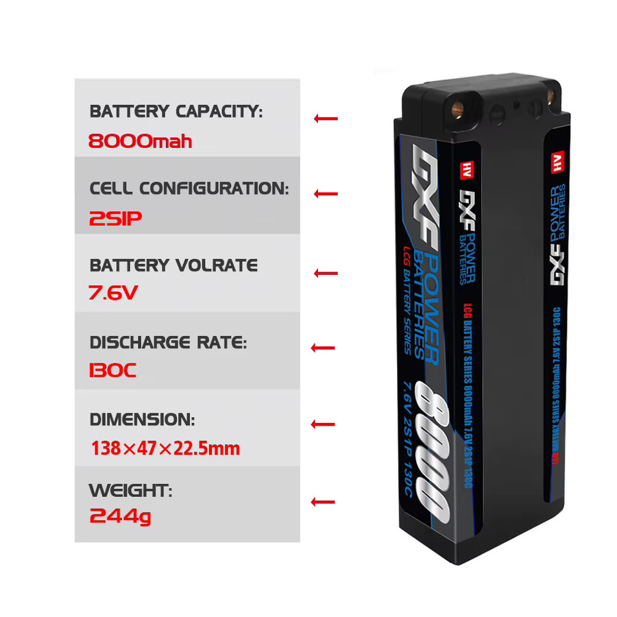 DXF 2S 7,6V Lipo-Akku Graphene mit 5mm Bullet Stecker für 1/8 und 1/10 Helikopter sowie FPV RC Autos, 9200mAh - Bild 2