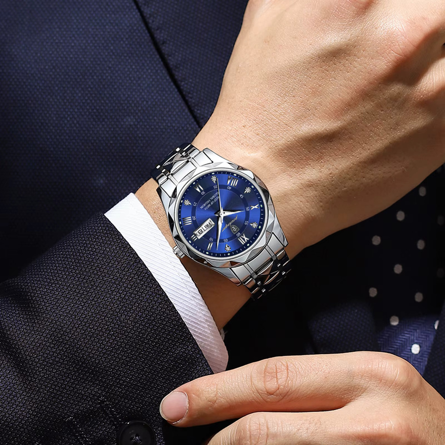 POEDAGAR Armbanduhr Quarz, Edelstahl, Blau, Herren - Bild 3