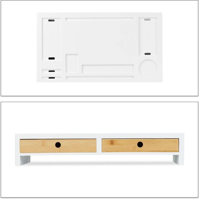 Relaxdays Monitorständer Organizer aus MDF und Bambus in Weiß und Natur mit 2 Schubladen, B/T/H: 58,5 x 32,5 x 11 cm - Bild 1