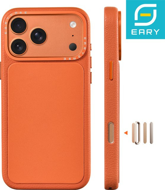 EARY Leder-Handyhülle für iPhone 17 Pro Max und iPhone 17 Pro mit integriertem Kameraschutz, stoßfest und sturzsicher, Schwarz und Orange - Bild 1