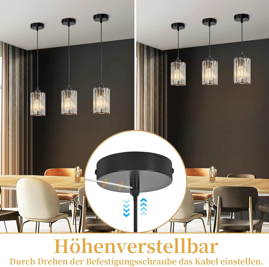 Moderne Kristall Pendelleuchte in Transparent mit schwarzem Metallgestell, 1-flammige Hängelampe für Esstisch, Wohnzimmer, Küche oder Schlafzimmer, E27 Fassung (ohne Leuchtmittel) - Bild 5