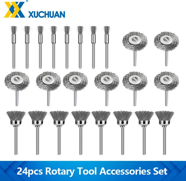 xcan 24er Set Drahtbürsten aus Edelstahl für Dremel und Drehwerkzeuge zur Rostentfernung und Metallpolitur, Farbe: Silber, Schaft: 3 mm - Bild 1