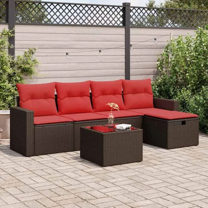 6-teilige Garten-Sofagarnitur in L-Form aus braunem Poly-Rattan mit Kissen und Fußhocker von vidaxl - Bild 1