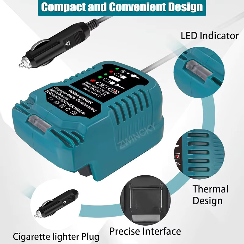 BSIDE Kompakt-Ladegerät für 18V Akkus von Makita, Dewalt, Milwaukee und Bosch mit Zigarettenanzünder-Stecker und Anzeige für das Auto - Bild 2
