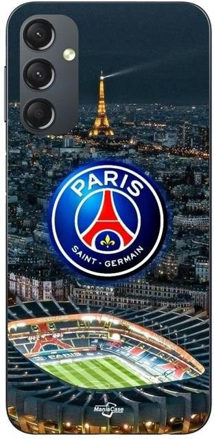 MANIACASE Silikon TPU Handyhülle für Samsung Galaxy A14 mit PSG Logo Stadion Nacht Eiffelturm in Schwarz und Multicolour - Bild 1