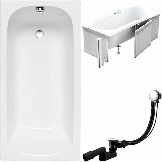 KOLMAN Badewanne Rechteck aus Acryl in Weiß mit Styroporverkleidung, Ablauf und Füßen, B/T: 130 x 70 cm - Bild 1