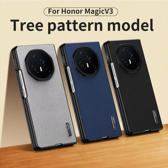 Luxuriöse Ledertasche mit Baummuster für Huawei Honor Magic V3 und V2, Business-Serie, stoßfeste Handyhülle mit Silikonrahmen in Grau - Bild 1