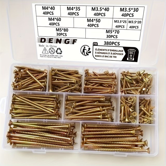 MIVM 380-teiliges Holzschrauben-Set aus Stahl, Farbverzinkte Phillips-Flachkopf-Blechschrauben und Trockenbauschrauben in Gold, M3.5 M4 M5 - Bild 1