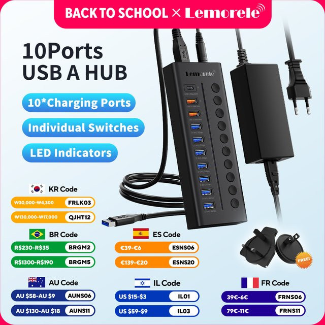 Lemorele USB-C-Hub mit 10 Anschlüssen als Multi-USB-3.0-Splitter und Dockingstation für Laptop und PC in Schwarz - Bild 1
