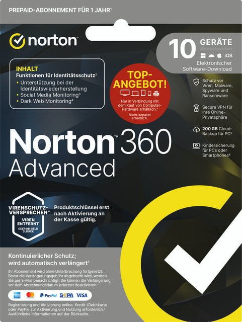 Norton 360 Advanced Antivirus Schutz für 10 Geräte für 1 Jahr - Bild 1