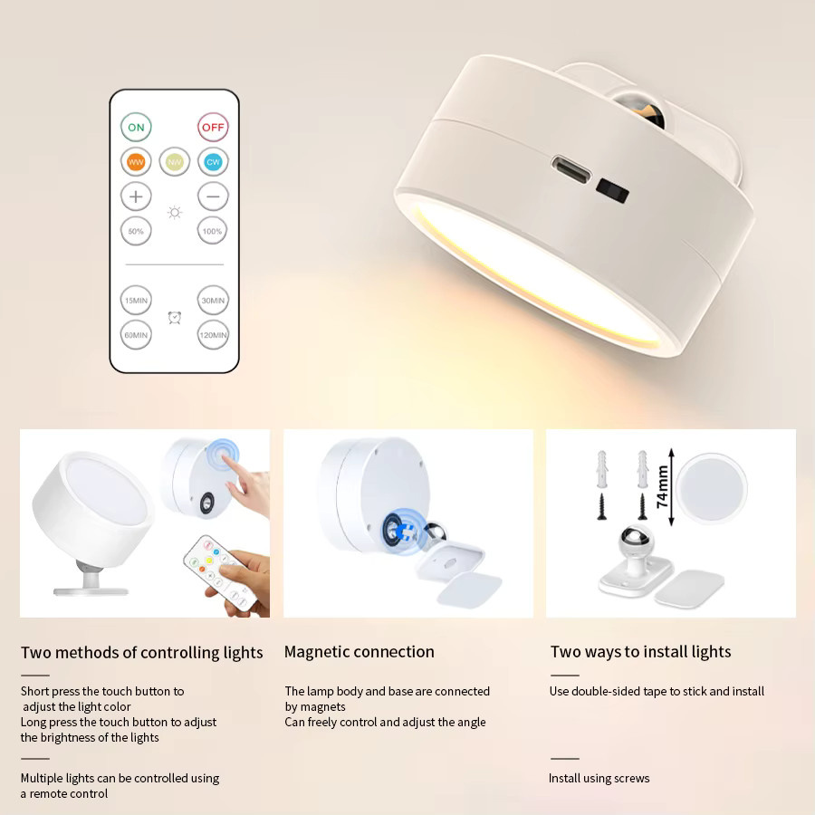 GGBEE Wiederaufladbarer LED-Strahler mit Fernbedienung, Kabellose RGB Wandleuchte in Multicolour, Dimmbares Magnetisches System mit 360 Grad Rotation für Schlafzimmer und Raumdekoration - Bild 3