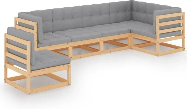 vidaXL 6-tlg Garten-Lounge-Set aus massivem Kiefernholz in L-Form mit grauen Polstern und Kissen - Bild 1