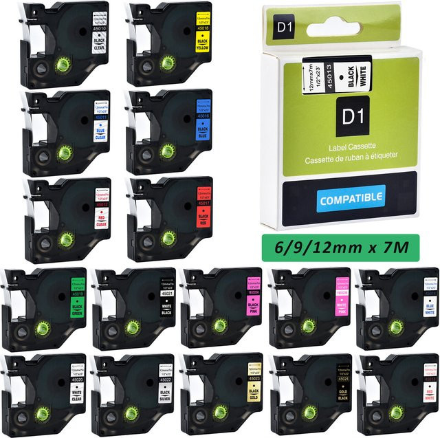 MrLabel Kompatible Thermobänder für Dymo Labelmanager LM160 und 210D in den Breiten 6 mm, 9 mm, 12 mm, 19 mm und 24 mm, Farben Schwarz und Blau - Bild 1