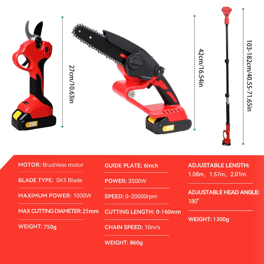 3-in-1 Kabellose Elektrische Kettensäge mit Teleskopstange für die Gartenpflege, kompatibel mit Makita 18V LXT Akku, Rot - Bild 4