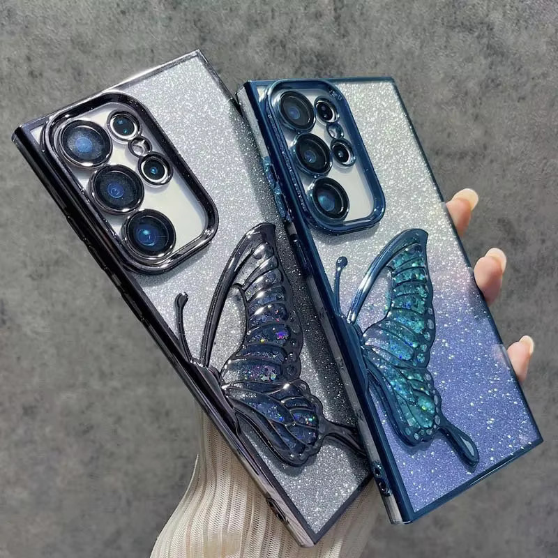Transparente 3D-Glitzer-Schmetterlings-Schutzhülle für Samsung Galaxy S26 S25 S24 S23 Plus Ultra FE und A57 A56 A55 in Silber - Bild 2