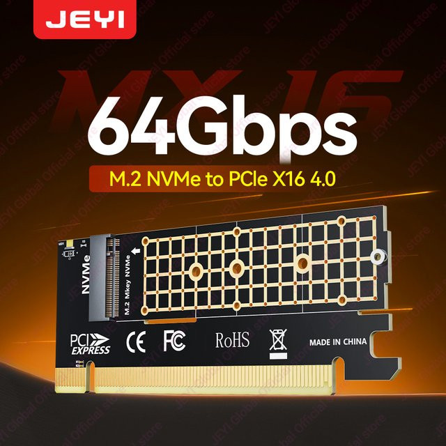 JEYI M.2 NVMe zu PCIe 4.0 X16 Adapterkarte in Schwarz, unterstützt bis zu 64Gbps und kompatibel mit NVMe SSDs der Formate 2280, 2260, 2242, 2230 bis 4TB - Bild 1
