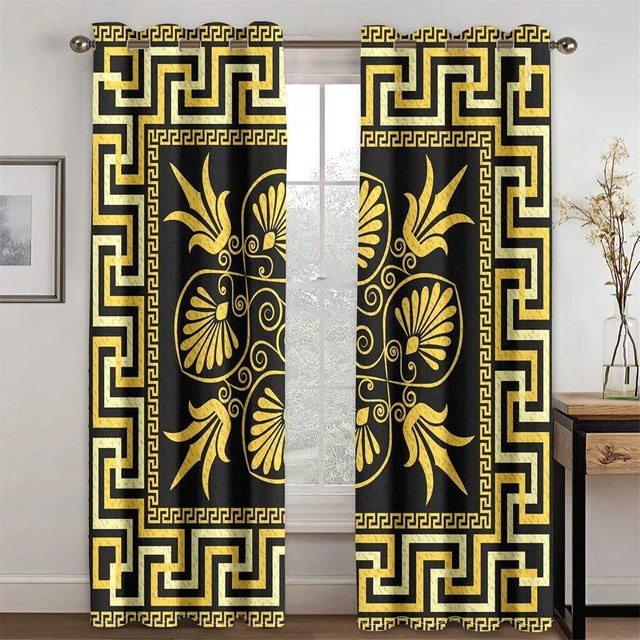 A Family Of Home Textiles 2er-Set Semi-transparente Vorhänge im Barock-Design, Schwarz-Gold, Breite: 50 cm, Höhe: 160 cm - Bild 1