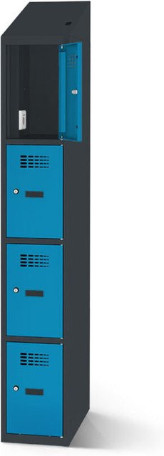 rotstahl Fächerschrank mit Ladefunktion und 4 Fächern in Blau mit anthrazitgrauem Korpus, B: 40 cm, H: 200 cm - Bild 1