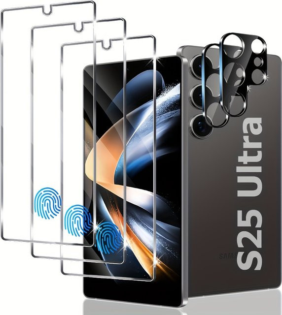 Samsung Galaxy S25 Ultra Displayschutzfolie Set mit 3 Displayschutzfolien und 2 HD-Objektivfolien, transparent, 6,9 Zoll, unterstützt Fingerabdruckerkennung - Bild 1