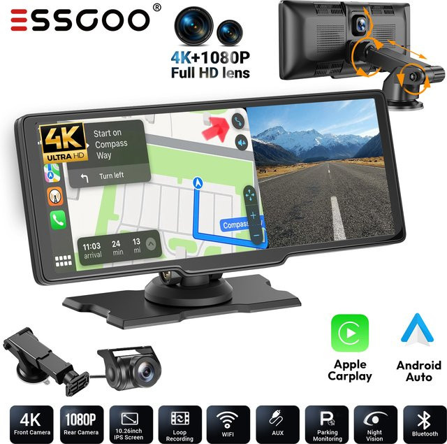 ESSGOO 10,26 Zoll Dashcam mit 1080P Full HD, kabelloses Apple CarPlay und Android Auto, Dual-Objektiv Videorekorder mit WIFI und Bluetooth, Schwarz - Bild 1
