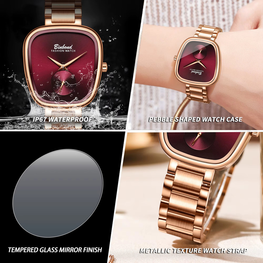 BINBOND Armbanduhr Quarz, Edelstahl, Roségold, Schwarz, Damen - Bild 5