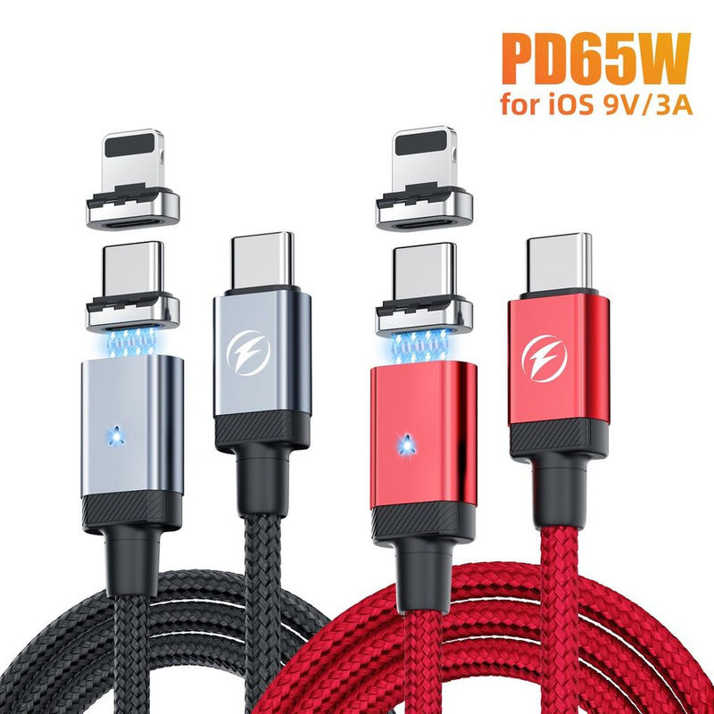 Fonken Magnetisches USB-C-Schnellladekabel Set mit PD 65 W USB-C-auf-USB-C und 27 W USB-C-auf-Lightning Kabel in Schwarz und Rot, Länge: 1 m - Bild 4