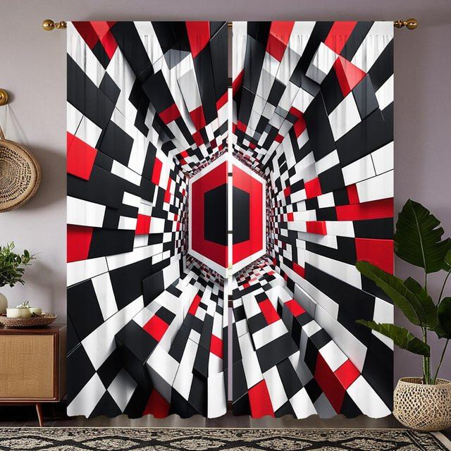 2er-Set Zickzackgardinen mit modernem Streifenmuster in Schwarz-Weiß und Rot, halbtransparent, B: 132 cm, H: 160 cm - Bild 1