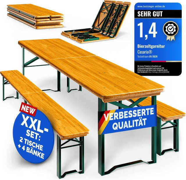 CASARIA Bierzeltgarnitur 2er-Set aus Tannenholz und Stahl, klappbar, rustikal, Breite: 220 cm - Bild 1