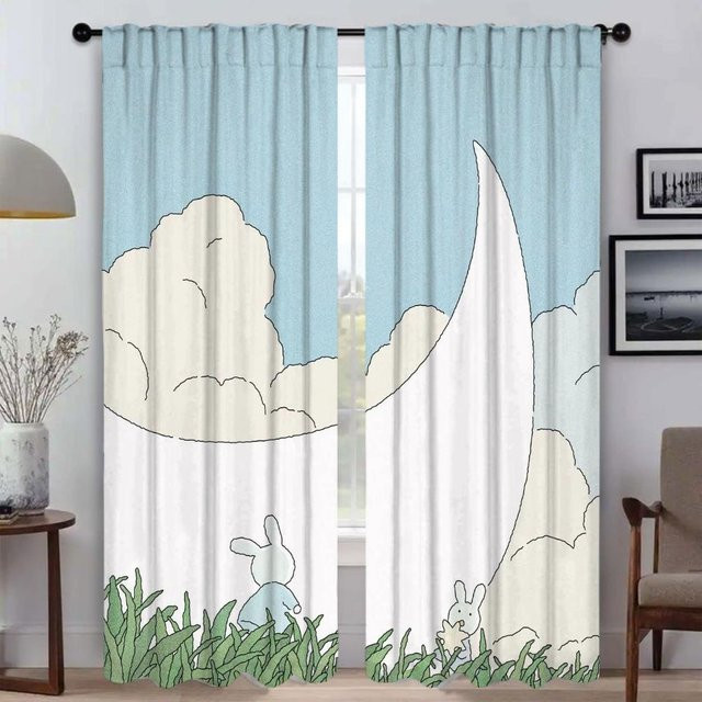 2er-Set halbtransparente Tüllvorhänge mit Kaninchen und Gras Motiv in Blau, Breite: 50 cm, Höhe: 70 cm - Bild 1