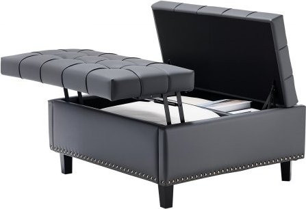 VEVOR Polsterhocker mit Stauraum aus PU-Leder in Grau, quadratischer Ottoman mit Lift-Top und Knopfheftung, B/T/H: 80 x 80 x 43 cm - Bild 1