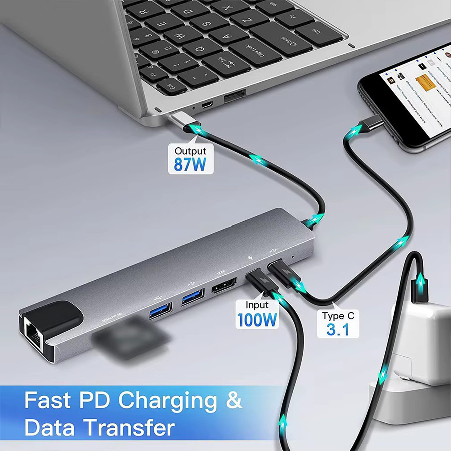 8-in-1 USB-C Docking Station Hub mit HDMI, RJ45 Ethernet, USB 3.0 und SD/TF Kartenleser in Schwarz - Bild 2