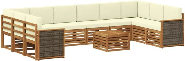 vidaXL Outdoor-Sofagarnitur L-Form aus Akazienholz mit 8 Kissen in Natur und Creme - Bild 1