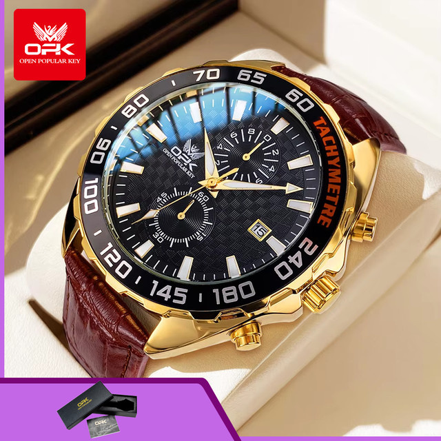 OPK Chronograph, Quarzuhr, Lederarmband, 46 mm, Herren, Gold, Schwarz - Bild 1
