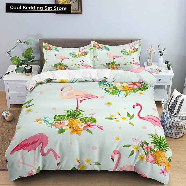 Flylo Bettwäsche Set Flamingo Cartoon Design in Rosa und Blau, weiche Mikrofaser Bettwäsche mit Bettbezug und Kissenbezug, B/H: 135 x 200 cm - Bild 1
