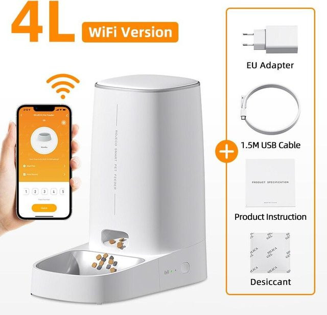 ROJECO Automatischer Katzenfutterspender mit WiFi und Fernbedienung, Weiß, 4l - Bild 1