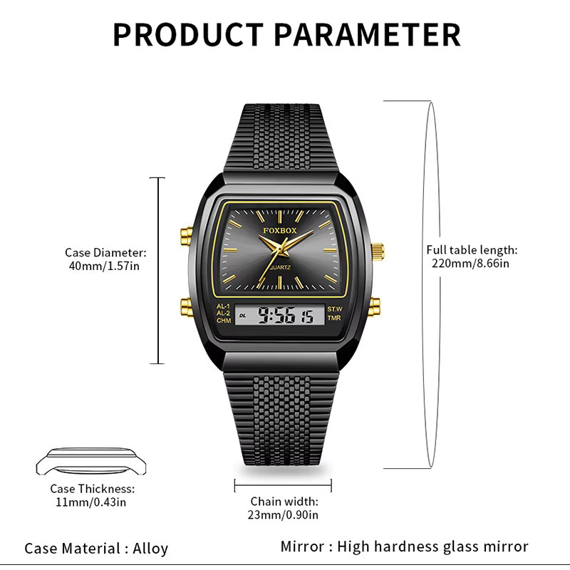 FOXBOX Herrenuhr, Chronograph, Quarz, Edelstahl, Schwarz, Digitalanzeige - Bild 3