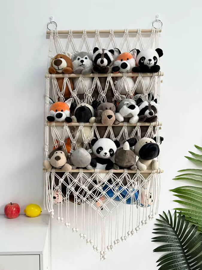 Meltset Spielzeug-Aufbewahrungsnetz im böhmischen Stil, 3-lagiger Wand-Organizer aus Gewebe und Seil für Plüschtiere, Beige/Weiß - Bild 3