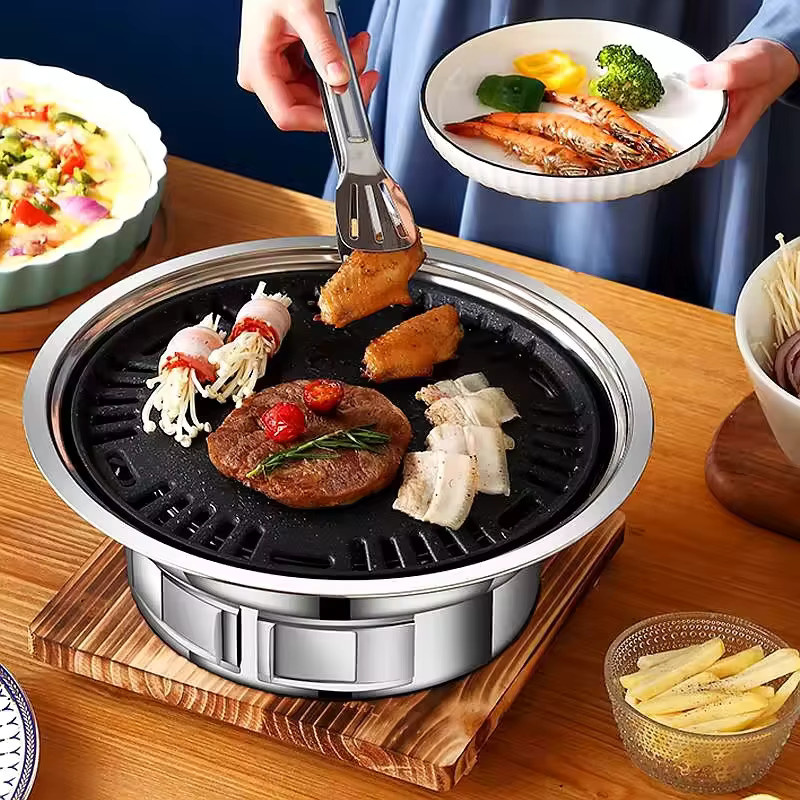 Japanisch-koreanischer Hibachi BBQ-Picknicktisch aus Edelstahl in Silber und Blau, runder tragbarer Grill für Outdoor und Indoor - Bild 5
