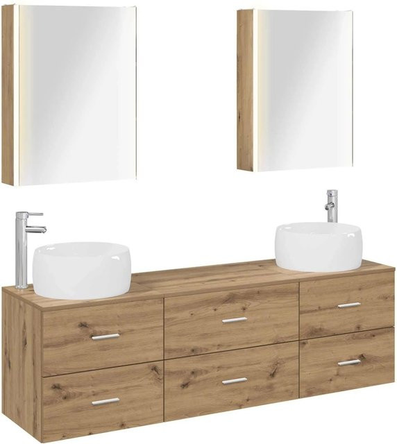 vidaXL Badezimmermöbel-Set 5-teilig in Artisan-Eiche braun mit Glas, Spiegelschrank, Wandschrank und Waschtischunterschrank mit LED-Beleuchtung und Schubladen - Bild 1