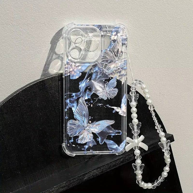 Transparente Handyhülle mit blauem Schmetterlingsdesign und Schleifen-Lanyard für Apple iPhone 11 bis iPhone 17 Pro Max - Bild 2