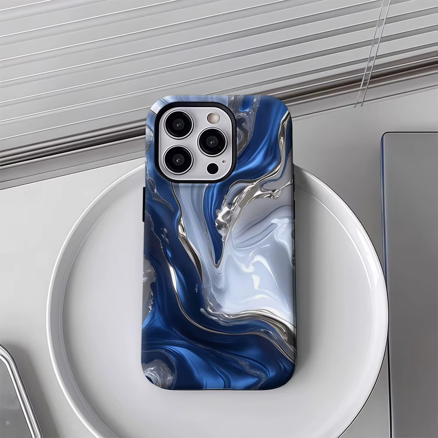 Handyhülle mit fließender Textur in Blau und Silber für Apple iPhone 17 16 15 14 13 12 Pro Max Plus mit doppelschichtiger Rückseite - Bild 4